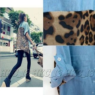 Vintage Fashion Leopard Womens Button Shirt Blouse Retro Denim Chiffon
