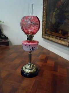 ANTIQUE VICTORIAN (1860) CRANBERRY GLASS & BRASS COLUMN OIL LAMP