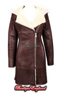 BARONESS Ladies Long BROWN HOODED Real Sheepskin Leather Jacket