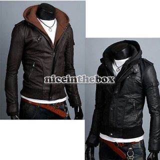 Mens Slim Top Designed Sexy PU Leather Hoody Jacket Coat H511 2color