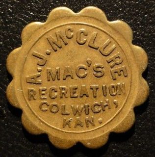 Colwich Kansas Trade Token Macs Recreation A.J. McClure GF5c 21mm