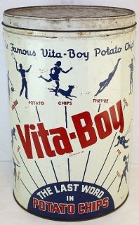 Boy Vitamin Potato Chips 1 LB. Famous Foods Inc Detroit Mich. Tin Can
