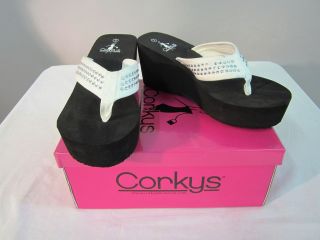 NEW Corkys Womens Paradise Rhinestone Platform Flip Flops White