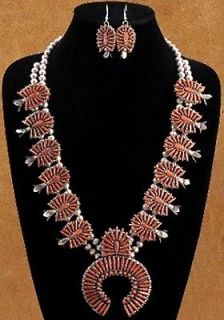 Pawn Sterling Silver Coral Necklace & Earrings by Zuni J L Peynetsa