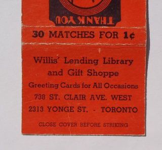 1930s? Matchbook Excise Tax Willis Lending Library and Gift Shoppe