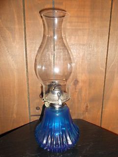 Vintage Cobalt Blue Farms Lamp Light Kerosene/Oil Lamp w/Clear Chimney