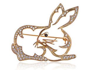 Golden Tone Rims Rabbit Fluffy Bunny Animal Crystal Pin Brooch