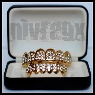 14k Gold CZ Stones Grillz Iced Out Teeth Top Bottom Set Combo Grills