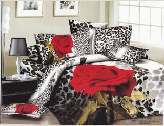 Cotton queen size Bed Leopard big rose Duvet Quilt Doona Cover Set RED