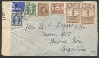 Newly listed Canada To Argentina Airmail Censor Cover 1943 w 6 Stamps
