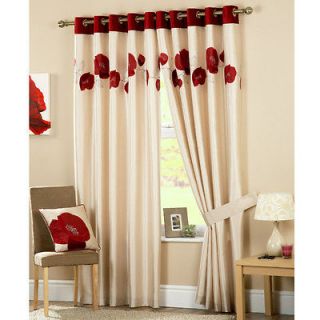 90 X 90 RED CREAM FAUX SILK CORSICAN POPPY LINED RING TOP CURTAINS