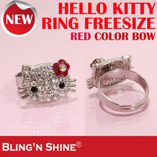 Cute Face Hello Kitty Ring Swarovski Crystal Red Flower Bow High