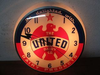United Dairy Clock Sign Display Lighted Light Lamp Bubble Glass Milk
