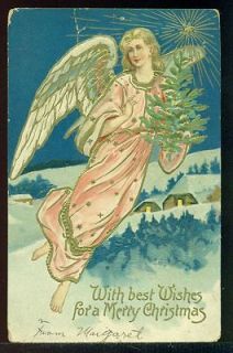 MERRY CHRISTMAS Large Angel in Pink Fir Tree Gold Trim 1907 Vintage