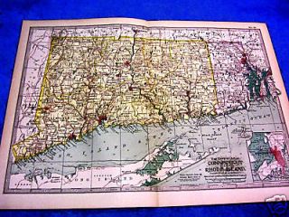 ANTIQUE MAP OF CONNECTICUT & RHODE ISLAND W/ NEWPORT DATED 1902 SEE
