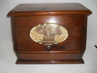 and attractive large wooden bread box with inlaid decorative plaque