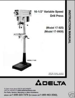 Delta 16 1/2 Drill Press Instruction Manual #17 925