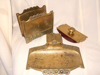 Antique Arts & Crafts Brass Desk Top Set Ink Well Blotter Letter Caddy