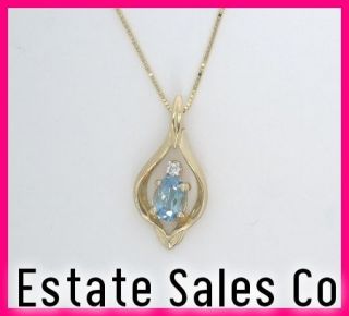 14k Yellow Gold Diamond & Oval Blue Zircon Gemstone Pendant & Necklace