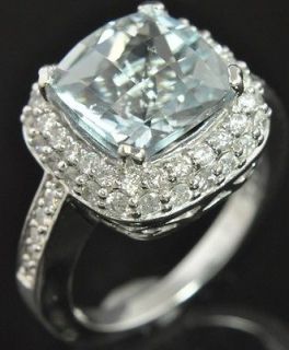 White Gold 5.50 TW Aquamarine Diamond Halo Solitaire w/ Accents Ring 7