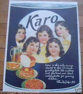 1938 DIONNE QUINTS QUINTUPLETS PRINT AD FULL COLOR KARO SYRUP NICE