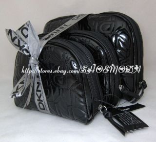 DKNY Quilted Logo Patent Makeup Vanity Case Organizer Bag Purse Black
