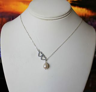 fresh water Pearl with Double heart charm sterling silver necklace