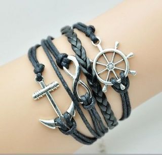 hand made silvery infinity anchor rudder bracelet women leather rope