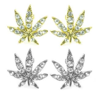 GOLD AND SILVER CANNABIS EARRINGS EAR STUDS DIAMANTE DETAIL WEED POT