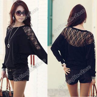 Womens Long Sleeve Batwing Dolman Lace Casual Loose Tops T Shirt S M