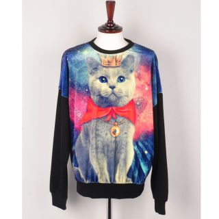 womens digital printed galaxy cat Jumper sweater top Crew Neck
