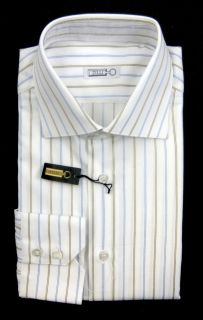 New ZILLI Italy White Blue Brown Stripe Cotton Dress Shirt 15.75 40