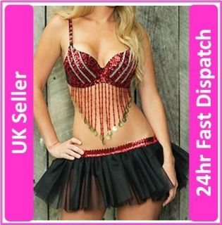 Burlesque Belly Dancer Silver Red Sequined Bra Fancy Dress Sizes 28B