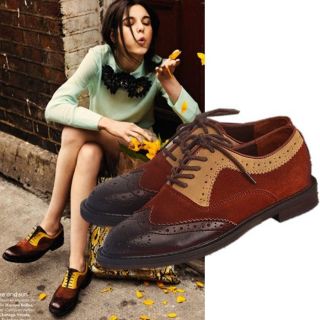 Womens Leather Vintage Brogues Low Heels Multi Colors Lace Up Oxford
