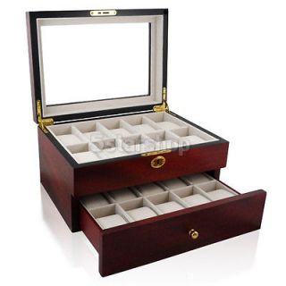 20 Slot Cherry Wood Watch Box Case Mens Jewelry Glass Top Storage