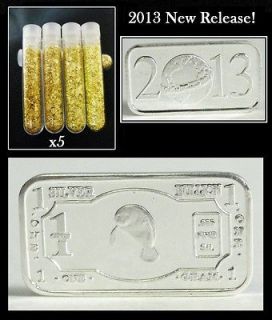 2013 1 Gram .999 Pure Silver Bar MANATEE + 5 Vials Of 24k Gold Flakes