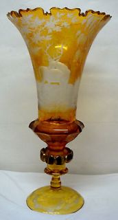 huge amber bohemian moser engraved with deer glass vase 13 inch tall