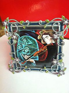 Metal 3.5x3.5 table top picture frame with white crystals and green