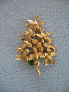 Vintage Cadoro Partridge Christmas Tree Brooch Pin w/ Dangly Green