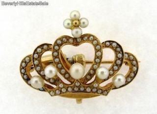 Rare 14k Gold Seed Pearls Crown Brooch with Watch or Jewelry Holder
