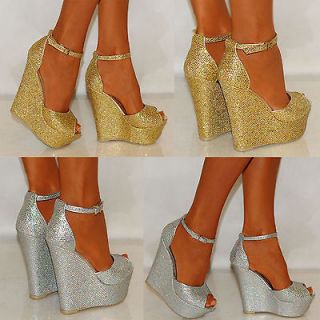 LADIES WOMENS SILVER GOLD SPARKLY HIGH WEDGES PARTY PEEP TOE SHOES
