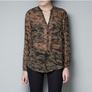 High quality GOLD BUTTON V NECK CAMOUFLAGE CHIFFON LONG SLEEVE BLOUSE