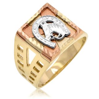 MENS 14K TRI COLOR GOLD RING w/ WHITE GOLD HORSE SHOE