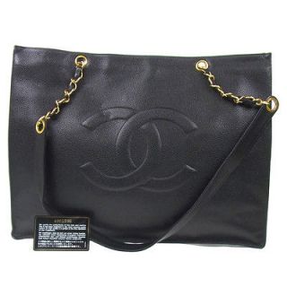 Auth CHANEL Jumbo XL Chain Shoulder Bag Black Caviar Skin Leather
