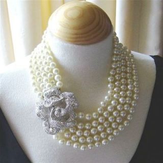 Kenneth Jay Lane KJL Pearl & Crystal Rose Necklace