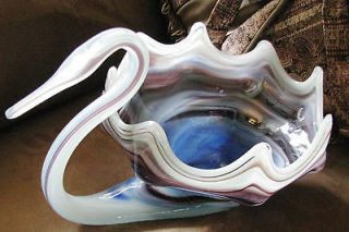 Vintage Blue & Purple Swirl Glass SWAN BOWL   Murano Art Glass from 50