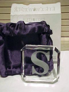 FIFTH AVENUE CRYSTAL PAPERWEIGHT W/FROSTED INITIAL S  BOXED