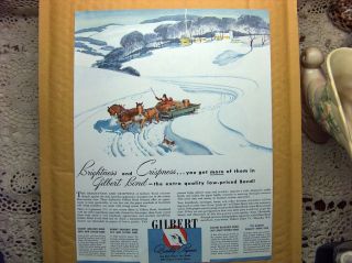 Vtg 1944 Ad Print Gilbert Papers Horse Drawn Sleigh WWII Americana