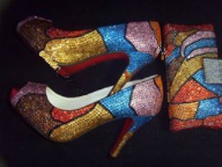 HIGH HEELS SWAROVSKI COLORFULL CRYSTAL SHOES with MATCHING CLUTCH BAG
