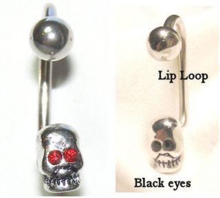 Labret Lip Loop with Skull Red or Black Gem Eyes